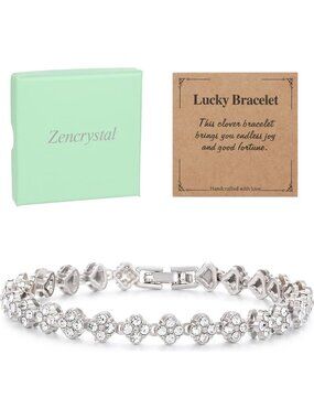 Sparkling Rhinestone Four-Leaf Clover Tennis Bracelet - Silver Fashion Jewelry